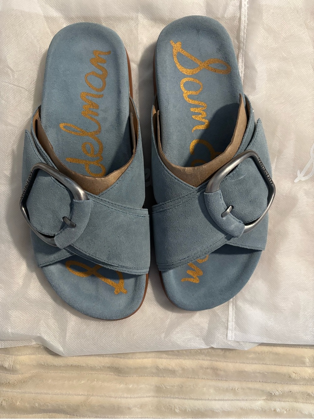 Sam Edelman ‘Darla’ Coastal Blue Suede Big Buckle Slide Sandals - Picture 2 of 6